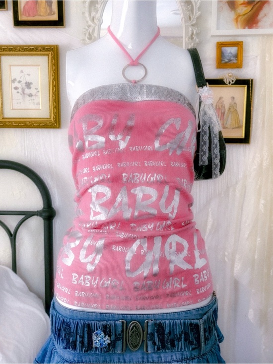MKM Designs Tops - Y2K McBling baby girl graphic sequin o-ring pink halter top